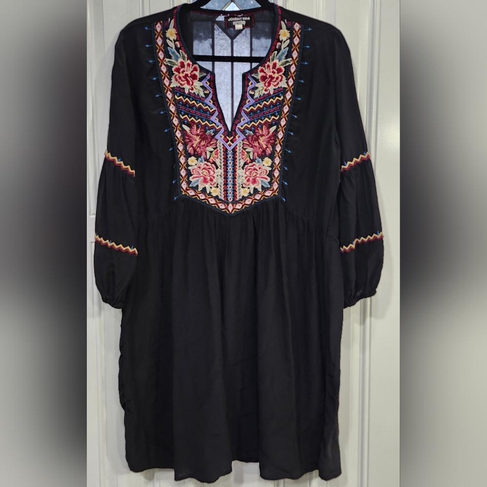 Johnny Was Black Tunic Dress Colorful Floral Embroidery Women's Size Small